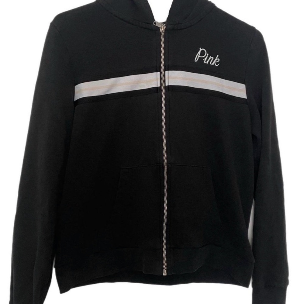 Victoria's Secret Love Pink Black zip-up hoodie with yellow and white stripes M
